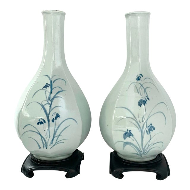 Vintage Asian Celadon Vases With Blue Flowers - a Pair For Sale