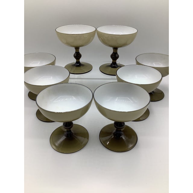 Vintage Carlo Moretti Italy Smoke Taupe White Cased Glass Champagne Coupes Glasses - Set of 8 For Sale In New York - Image 6 of 6