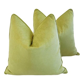 Spring Apple Green Cotton Velvet Feather/Down Pillow 20" Square - Pair For Sale