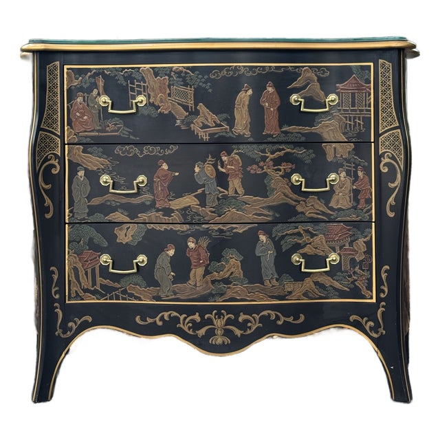 Vintage 1980s Drexel Heritage Chinoiserie Black Lacquer Chest of Drawers For Sale