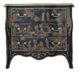 Vintage 1980s Drexel Heritage Chinoiserie Black Lacquer Chest of Drawers