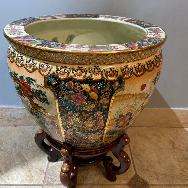 Vintage Japanese Royal Satsuma Hand Painted and Gilded Large Fish Bowl