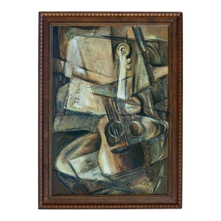 1970s Mid-Century Modern Cubist Oil Painting, Subject Guitar. Signed. For Sale
