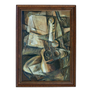 1970s Mid-Century Modern Cubist Oil Painting, Subject Guitar. Signed.