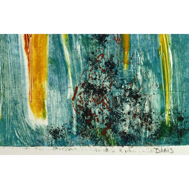 Abstract monotype in tones of blue and yellow, 2005. Dated lower right. Original artwork on paper displayed on a white mat...