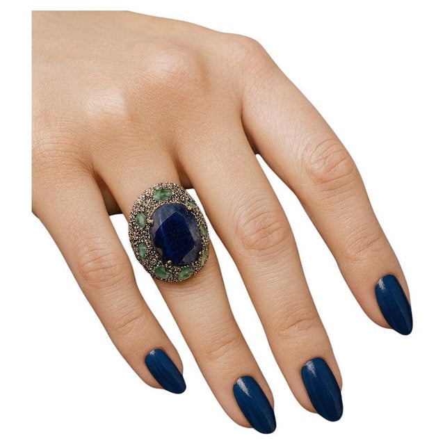 Gemstone Bochic “Orient” Vintage Sapphire & Emerald Ring Set In 18K Gold & Silver For Sale - Image 7 of 11