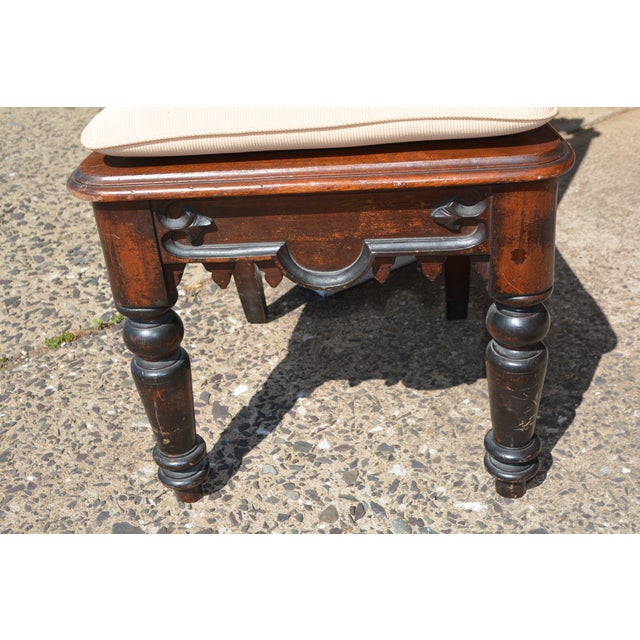Vintage Pair Gothic Revival Carved Cathedral Arches Dark Wood Hall / Side Chairs W/ Cushions For Sale - Image 13 of 18