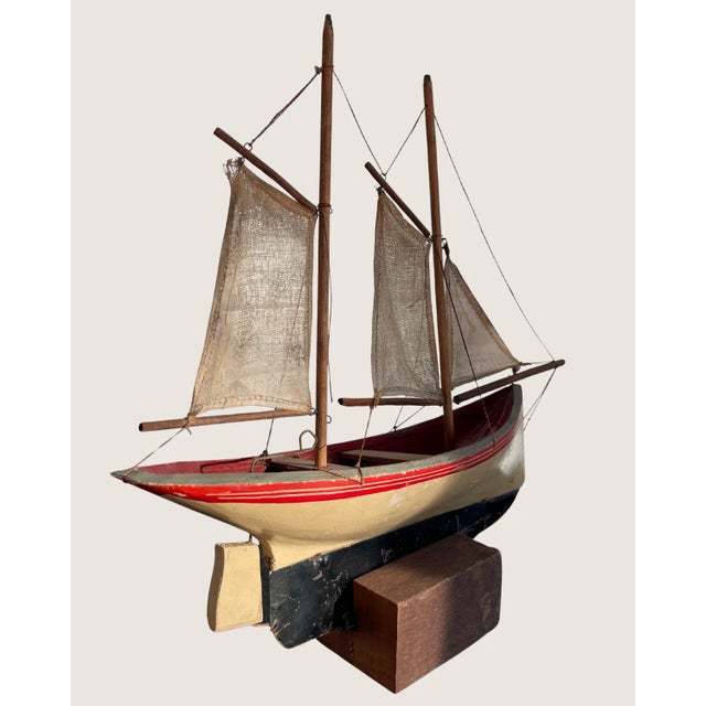 Antique Hand-Carved Wooden Ship Model With Linen Sails, Folk Art For Sale - Image 9 of 13
