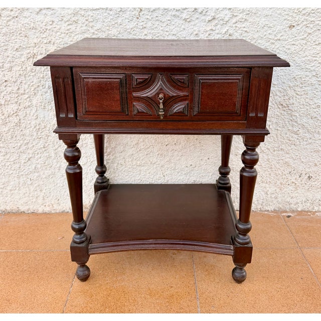 Spanish Carved Wood Bedside Tables with Lower Shelves, 1940s, Set of 2 For Sale - Image 4 of 11