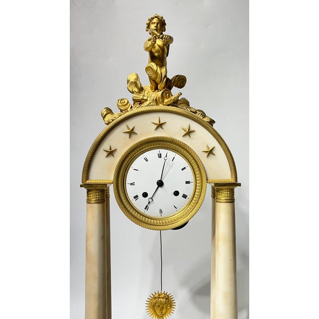 19th Century French Empire Ormolu Bronze and White Marble Portico Clock For Sale - Image 4 of 12