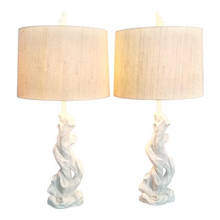 Faux Bois Solid White Plaster Tree Table Lamps -A Pair With Original Finials - Authentic 1950s - Serge Roche Style - Palm Beach Boho Chic For Sale