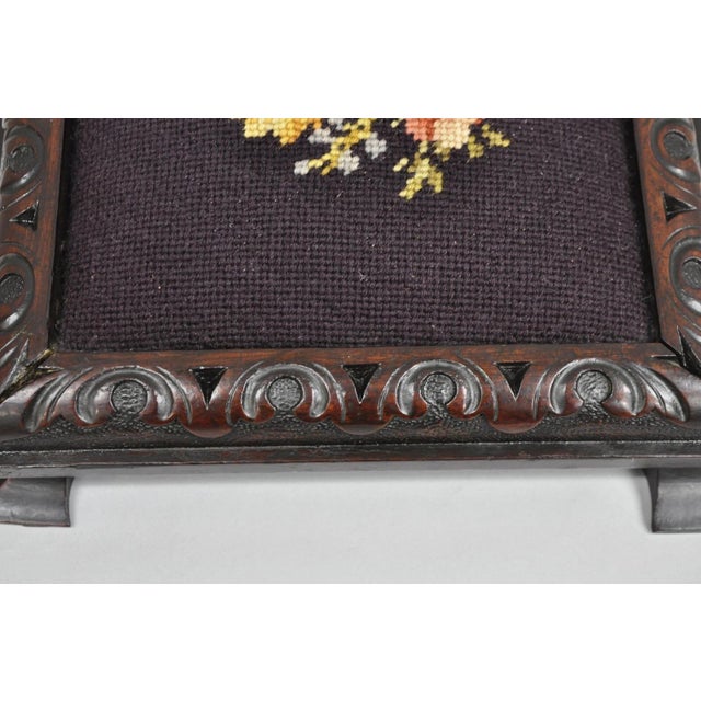 Early 20th Century Early 20th Century Antique Victorian Carved Solid Mahogany Floral Needlepoint Low Footstool Ottoman For Sale - Image 5 of 12