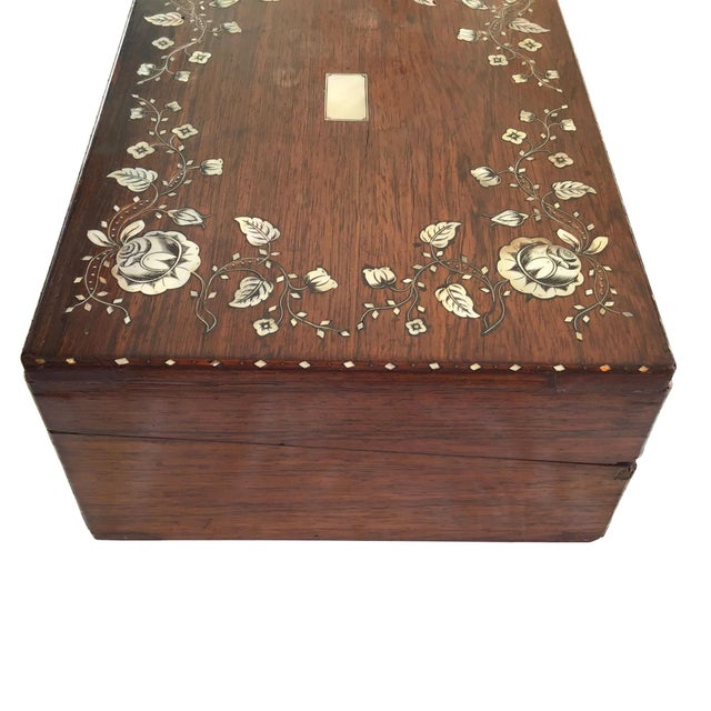 Wood Late 19th Century Rose Wood Box With Inlaid Mother of Pearl Floral Motive on a Mahogany Handmade Four Leg Stand For Sale - Image 7 of 13