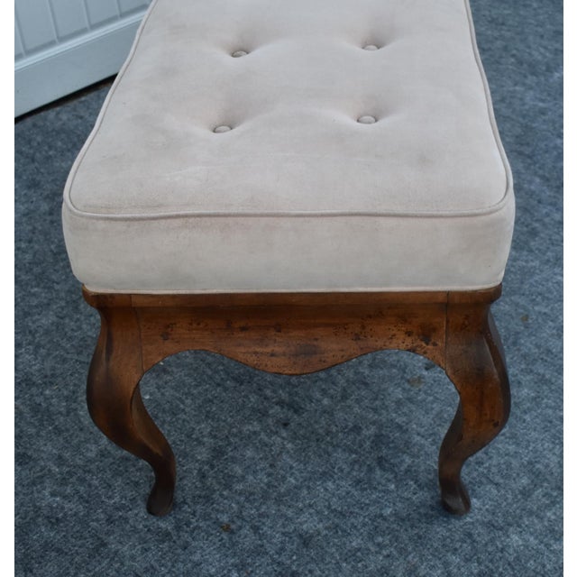 French Country Window Bench Vintage Tufted Upholstered Carved End Stool For Sale - Image 11 of 15