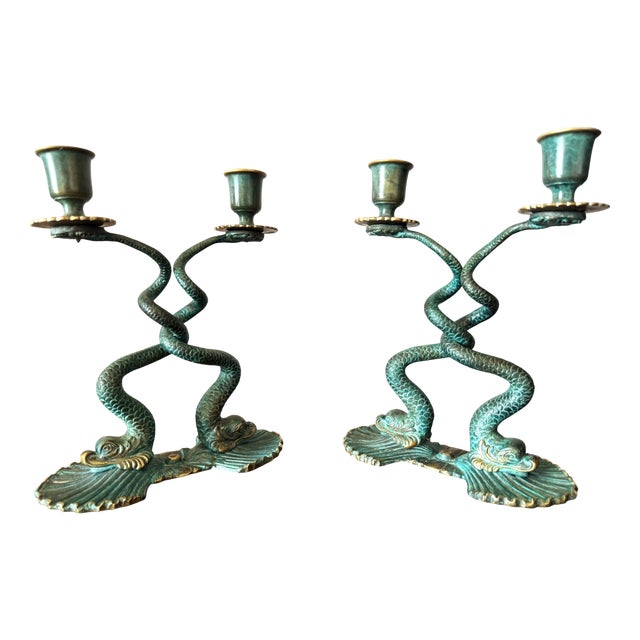 Italian Sculptural Bronze Fish Candlesticks, 1950s, Set of 2 For Sale
