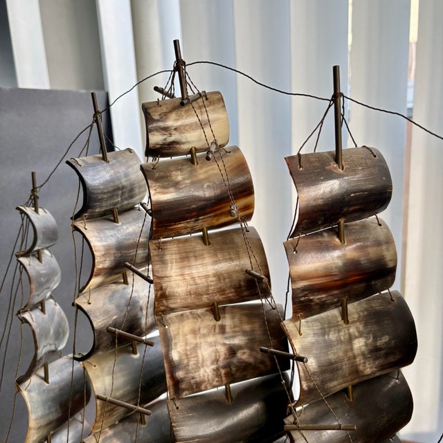 Mid-Century Modern Large Vintage Carved Horn Ship Sculpture on Wooden Base For Sale - Image 3 of 12