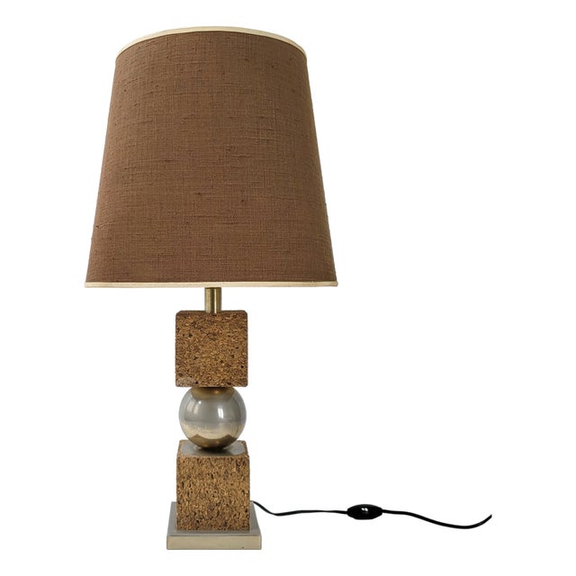 Vintage Cork Cube and Steel Ball Table Lamp, 1970s For Sale