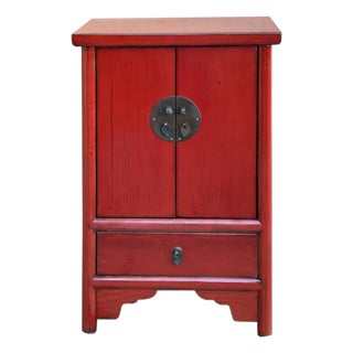 Oriental Distressed Red Medallion Hardware End Table Nightstand For Sale
