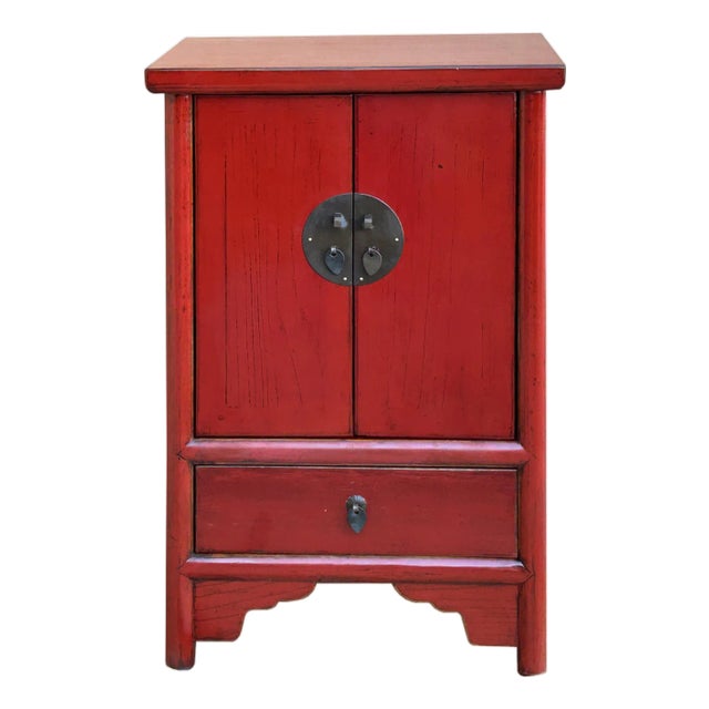 Oriental Distressed Red Medallion Hardware End Table Nightstand For Sale