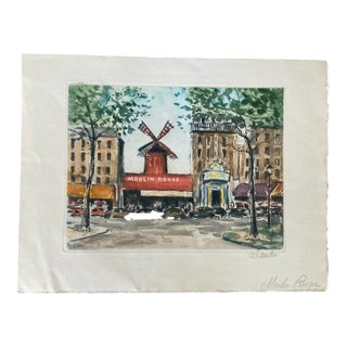 Hand-Colored Vintage Etching of Montmartre's Moulin Rouge For Sale