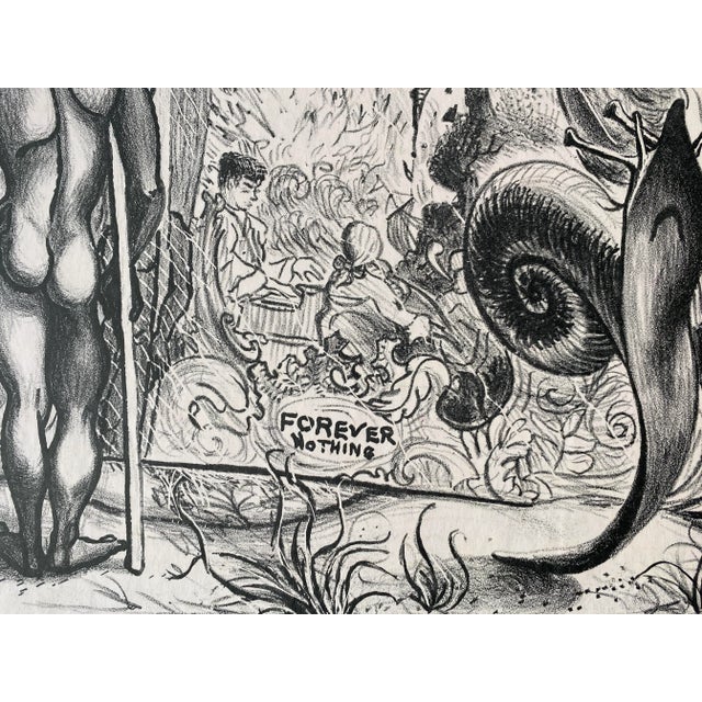 1950s Unsigned litho of a surreal landscape including a snail, male nude and a couple. Number 3 of 13 but unsigned.