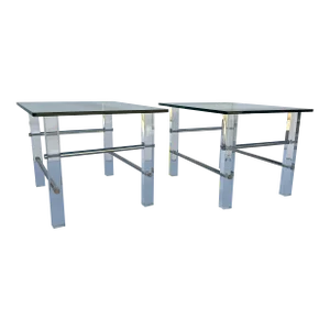 1970s Mid-Century Lucite Chrome Glass Side Tables - a Pair