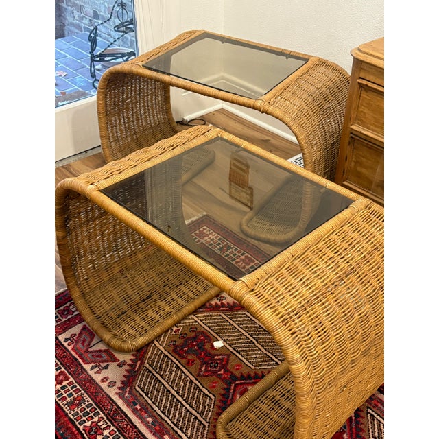 Pair 1970s Wicker-Wrapped Metal Waterfall End Tables With Original Glass For Sale In Washington DC - Image 6 of 8