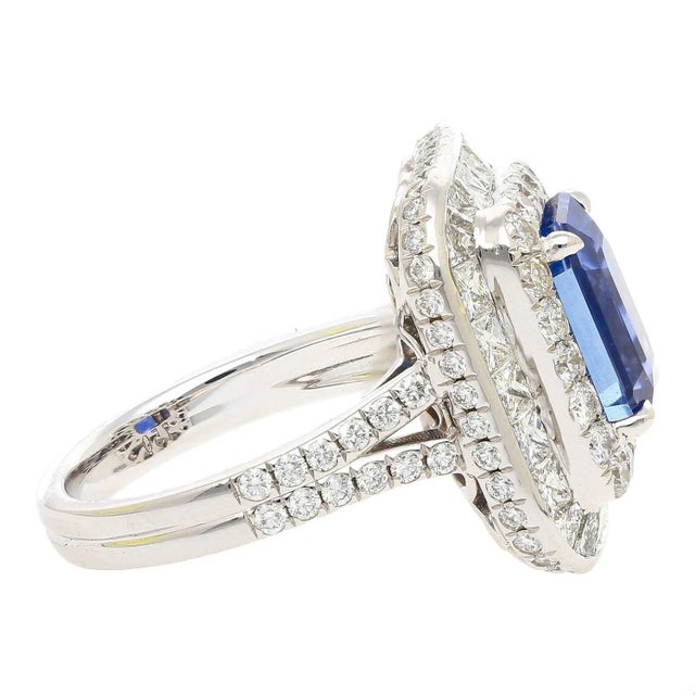 2000 - 2009 Gia Certified 6 Carat Emerald Cut No Heat Burma Blue Sapphire & Diamond Ring For Sale - Image 5 of 11