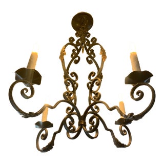 Early 20th Century French Provincial Wrought Iron Chandelier | 4-Light Rustic Antique Fixture For Sale
