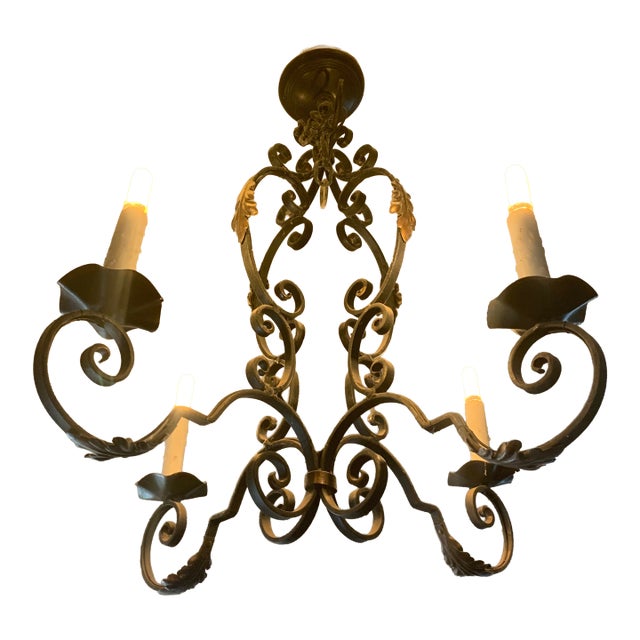 Early 20th Century French Provincial Wrought Iron Chandelier | 4-Light Rustic Antique Fixture For Sale
