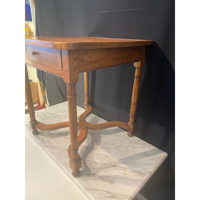 19th Century French Side Table With Embossed Leather Top and X-Form Stretcher For Sale - Image 10 of 11