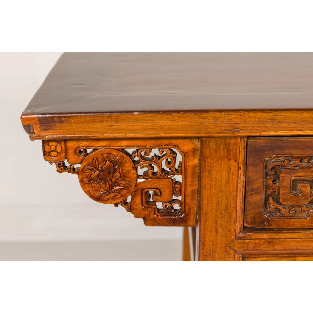 Brown Mid 20th Century Carved Console Table with Two Drawers, Scrolling Clouds & Flowers For Sale - Image 8 of 12
