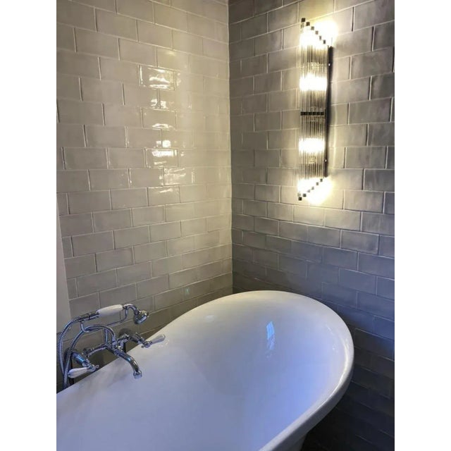 Pair Skyscraper Vintage Art Deco Light Old Lamp Wall Sconces Fixture Nickel Brass & Glass Rod Ship Light For Sale - Image 4 of 4