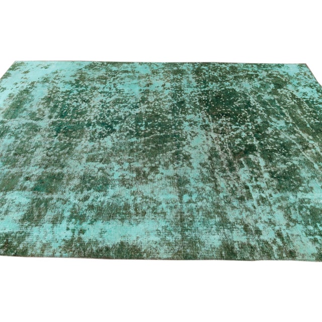 Abstract Vintage Distressed Handmade Green Emerald Wool Rug 6'9" X 9'8" For Sale - Image 3 of 10