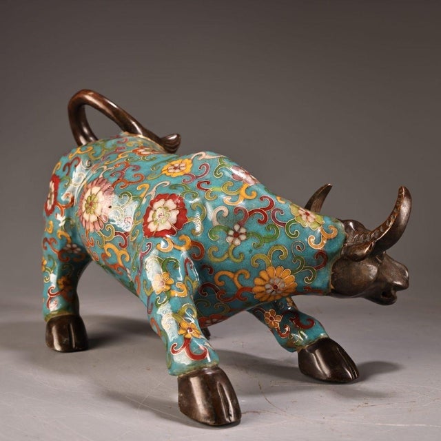 Chinese Vintage Cloisonné Enamel Ox Statue With Floral Motif For Sale - Image 3 of 9