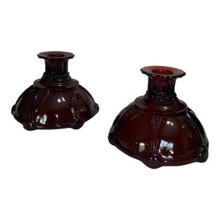 Anchor Hocking Co Royal Ruby Glass Oyster & Pearls Candlesticks, Circa 1938 For Sale