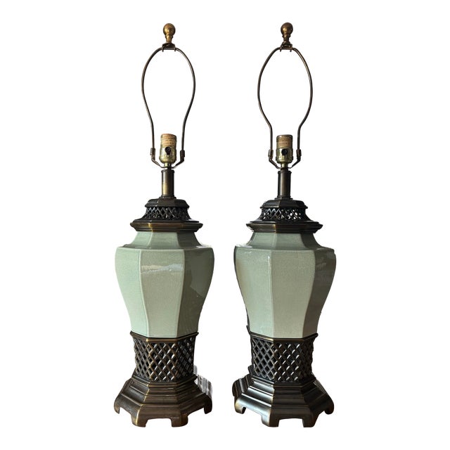 Vintage Morris Greenspan Hollywood Regency Ceramic Pierced Bronze Celadon Lamps - a Pair For Sale