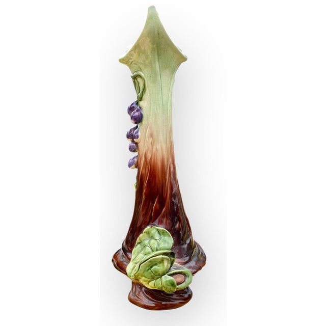 An Art Nouveau Plums Design Majolica Amphora Vase For Sale - Image 11 of 17