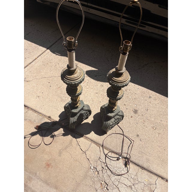 1930s Antique Asian Wooden Table Lamps - a Pair For Sale - Image 5 of 6