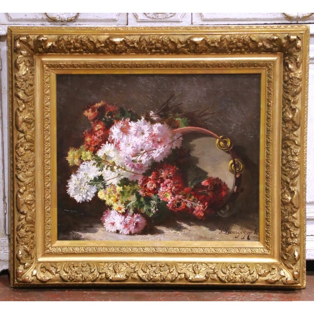 19th C. French Floral Still Life Oil on Canvas in Gilt Frame by Pierre Bourgogne For Sale In Dallas - Image 6 of 13