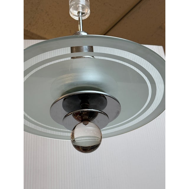 Glass Mid 20th Century Art Deco Saturn Etched-Glass + Chrome Chandelier For Sale - Image 7 of 12