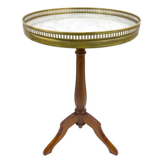 Vintage French Gueridon Side Table With Carrara Marble Top and Brass Gallery For Sale