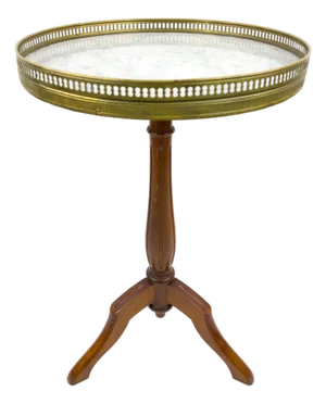 Vintage French Gueridon Side Table With Carrara Marble Top and Brass Gallery