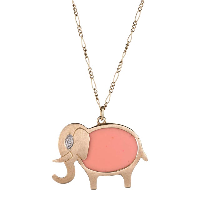 Mid 20th Century Hammerman Brothers Elephant Pendant Necklace Diamond 14k Gold Vintage For Sale