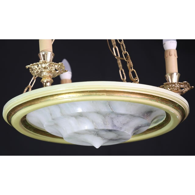Stone 1950s Masterpiece Art Deco Design White Alabaster Chandelier Circular Wooden Frame For Sale - Image 7 of 14