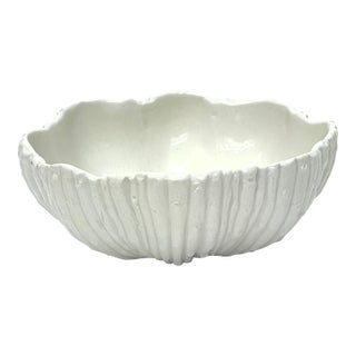 Hand-Crafted White Ceramic Faux Bamboo Serving Bowl For Sale