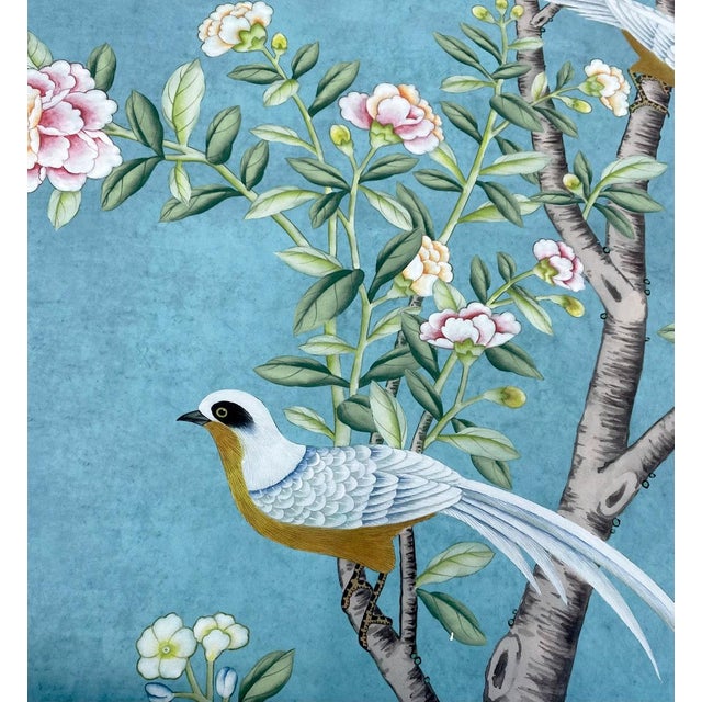 Wall artwork: Chinoiserie Flowers in a over-painted pattern colorway printed on blue ground, . These prints of chinoiserie...