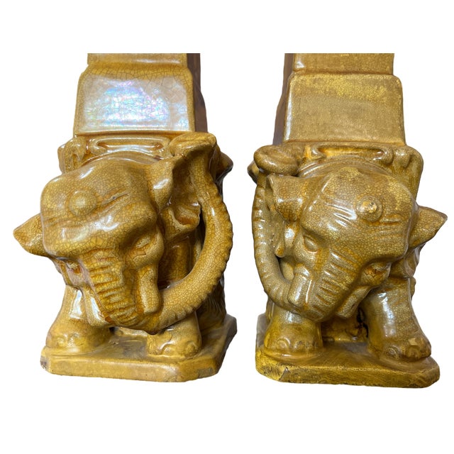 1970s Monumental 1970s Italian Ceramic Obelisks in Golden Mustard With Elephant, Flame and Acanthus Leaf Details - a Pair For Sale - Image 5 of 12