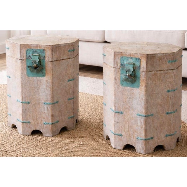 Chinese Octagonal White Washed Side Tables W/ Verdigris Hardware - Pair For Sale - Image 4 of 7