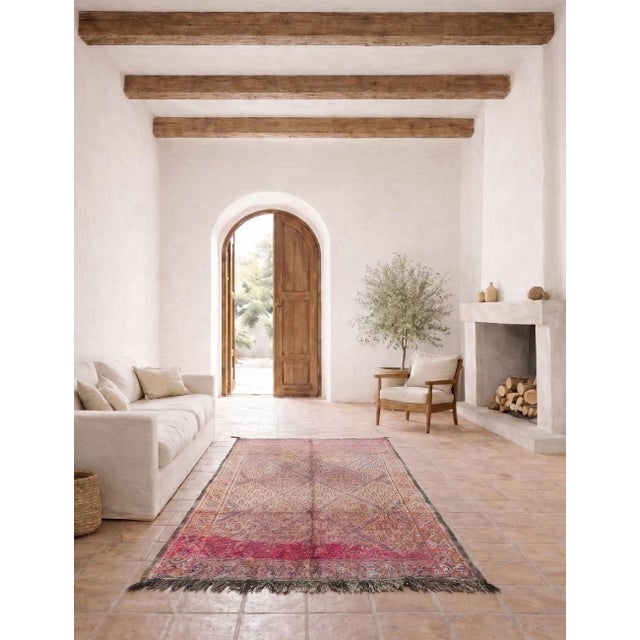 Vintage Beni M'Guild Rug | Handwoven Wool Rug with Diamond Lattice & Magenta Accent Band Product Overview This vintage...